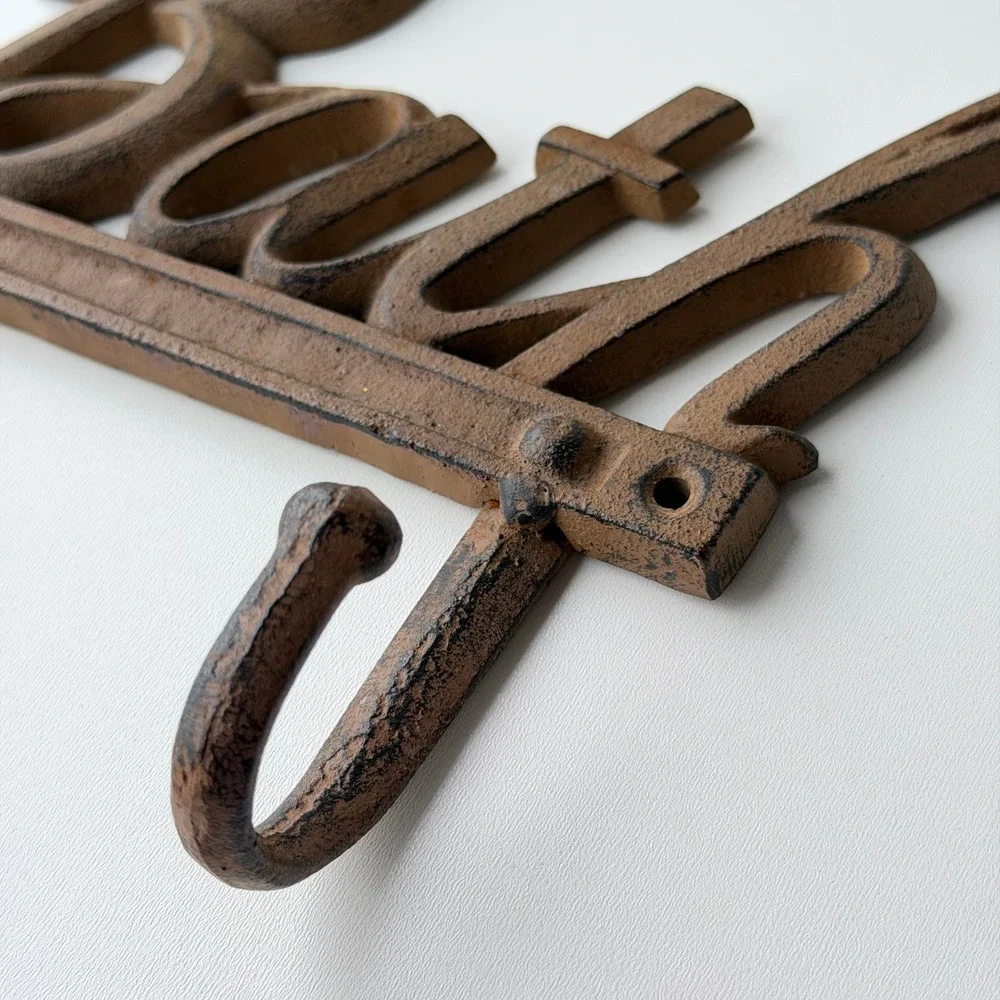 Vintage Cast Iron Bath Wall Hook Rack Rustic Towel Hanger Sign Farmhouse